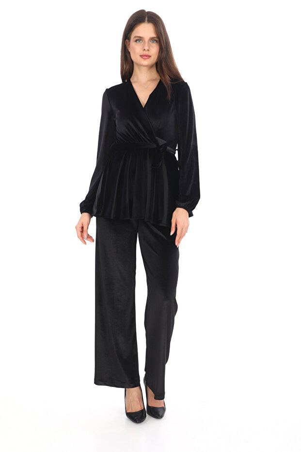 طقم بنطال بلوزة بحزام مخملي بياقة مزدوجة الصدر فاخرة - 1