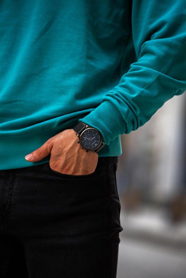 Bisiklet Yaka Basic Sweatshirt - Mavi - 5