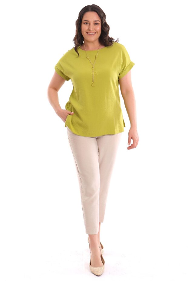 بلوزة أساسية ذات أكمام منخفضة مقاس كبير باللون الأخضر الفستقي - 2