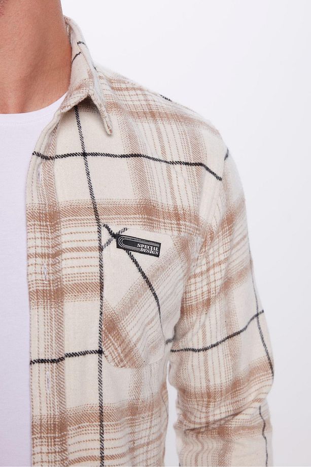 Erkek Slim Fit Dar Kesim Oduncu Tek Cep Kareli Kışlık Gömlek - 4