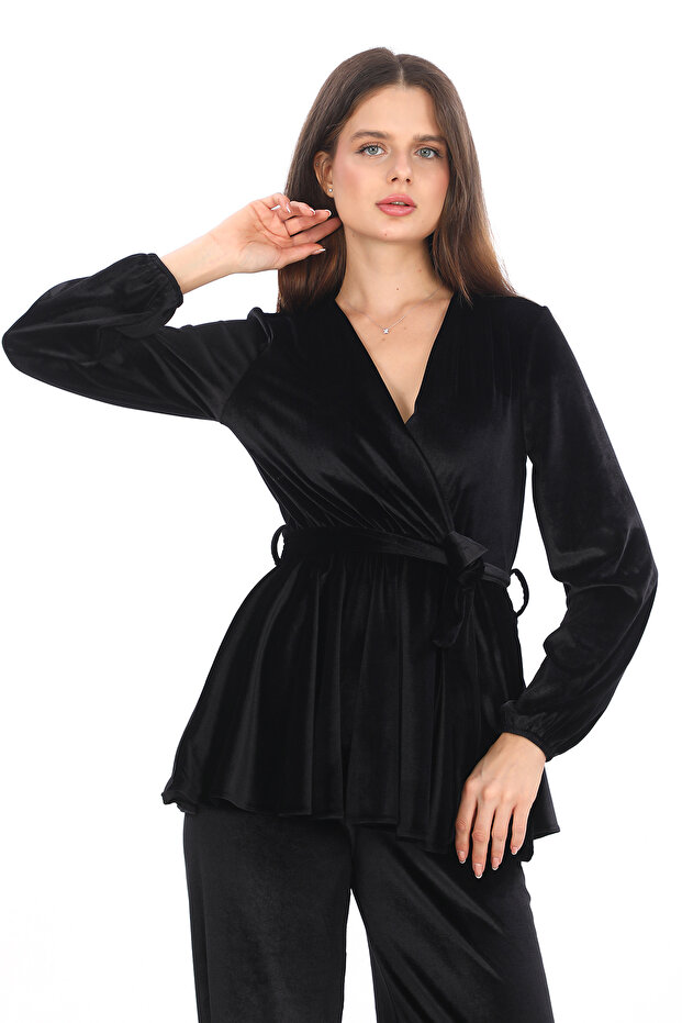 طقم بنطال بلوزة بحزام مخملي بياقة مزدوجة الصدر فاخرة - 2