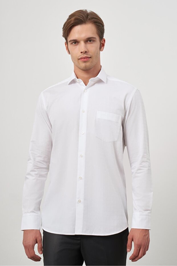 Men's White Long Sleeve Checkered Pattern Italian Collar Pocket Cotton Comfort Fit Shirt 1004245173