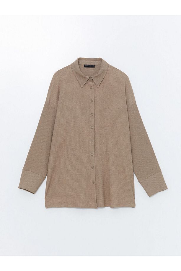 LCWAIKIKI Basic Bej Dokulu Oversize Kadın Gömlek Tunik - 5