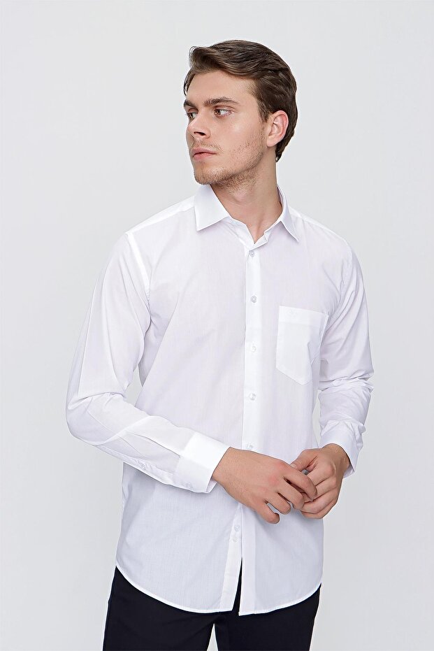 Men's White Long Sleeve Hard Collar Comfort Fit Shirt 1004245051