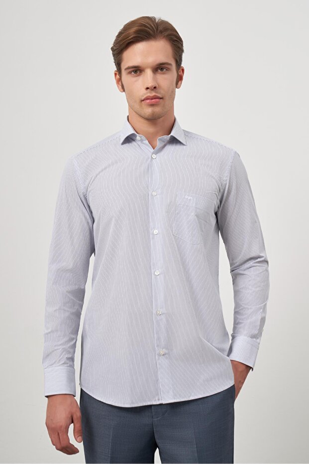 White Long Sleeve Pattern Half Italian Collar Pocket Cotton Classic Comfort Fit Shirt 1004245175