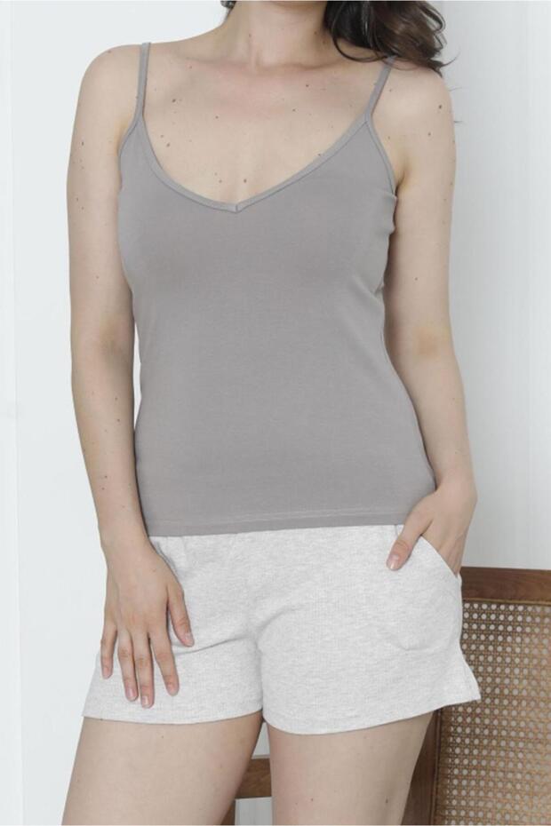 Women's Shorts Pajama Set with Straps, Lycra, Pockets, Camisole Shorts, Mink