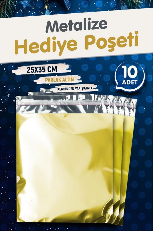 Yapışkanlı Metalize Hediye Paketi Poşeti 25x35cm Gold 10 Adet  Yeni Yıl Yılbaşı Hediye Paketi -T1092 - 1