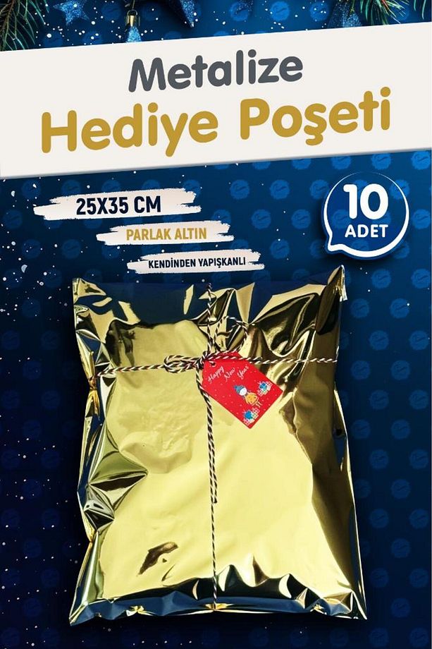 Yapışkanlı Metalize Hediye Paketi Poşeti 25x35cm Gold 10 Adet  Yeni Yıl Yılbaşı Hediye Paketi -T1092 - 2