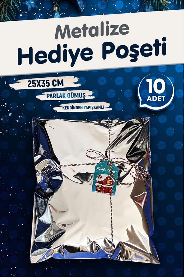 Yapışkanlı Metalize Hediye Paketi Poşeti 25x35cm Gümüş 10 Adet  Yeni Yıl Yılbaşı Hediye Paketi -T109 - 2