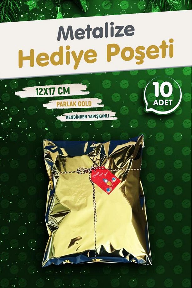 Yapışkanlı Metalize Hediye Paketi Poşeti 12x17cm Gold 10 Adet  Yeni Yıl Yılbaşı Hediye paketi-T1086 - 2