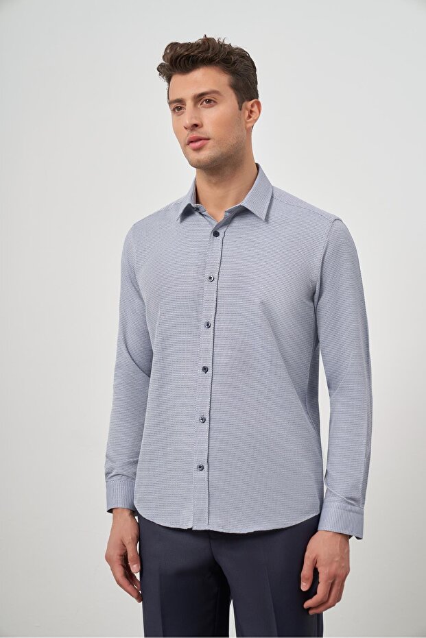 Men's Dark Navy Blue Long Sleeve Self-Cotton Slim Fit Shirt 1004245161
