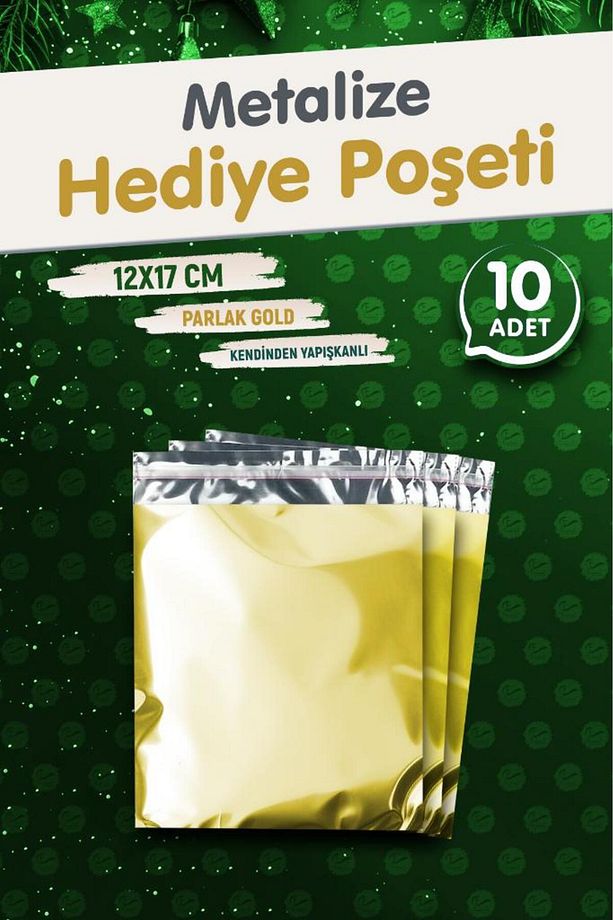 Yapışkanlı Metalize Hediye Paketi Poşeti 12x17cm Gold 10 Adet  Yeni Yıl Yılbaşı Hediye paketi-T1086 - 1