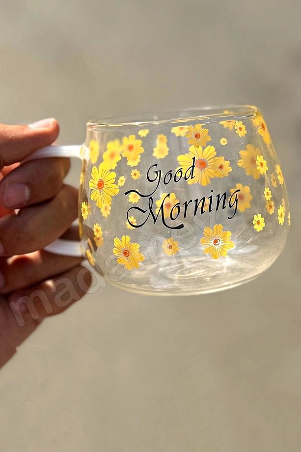 4lü Good Morning Çiçekli Cam Bardak Isıya Dayanıklı Kulplu Kahve Sunum Kahvaltı Süt Bardağı - 3
