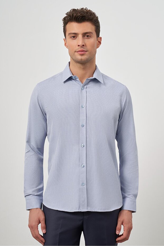 Men's Dark Blue Long Sleeve Self-Cotton Slim Fit Shirt 1004245161