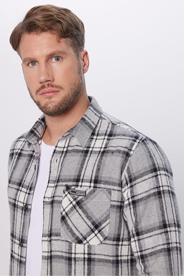 Erkek Slim Fit Dar Kesim Oduncu Tek Cep Kareli Kışlık Gömlek - 3