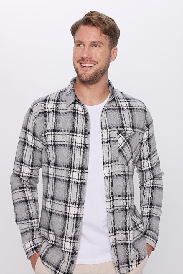 Erkek Slim Fit Dar Kesim Oduncu Tek Cep Kareli Kışlık Gömlek - 1