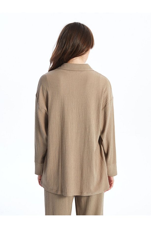 LCWAIKIKI Basic Bej Dokulu Oversize Kadın Gömlek Tunik - 4