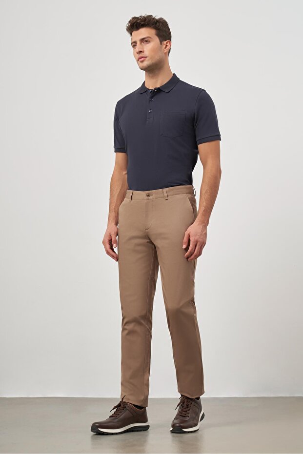 Beige Cotton Casual Slim Fit Chino Trousers with Side Pockets 1003245150