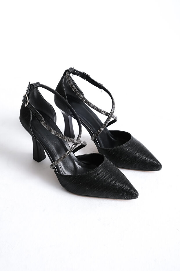Black Glitter Heeled Women's Shoes Lf805