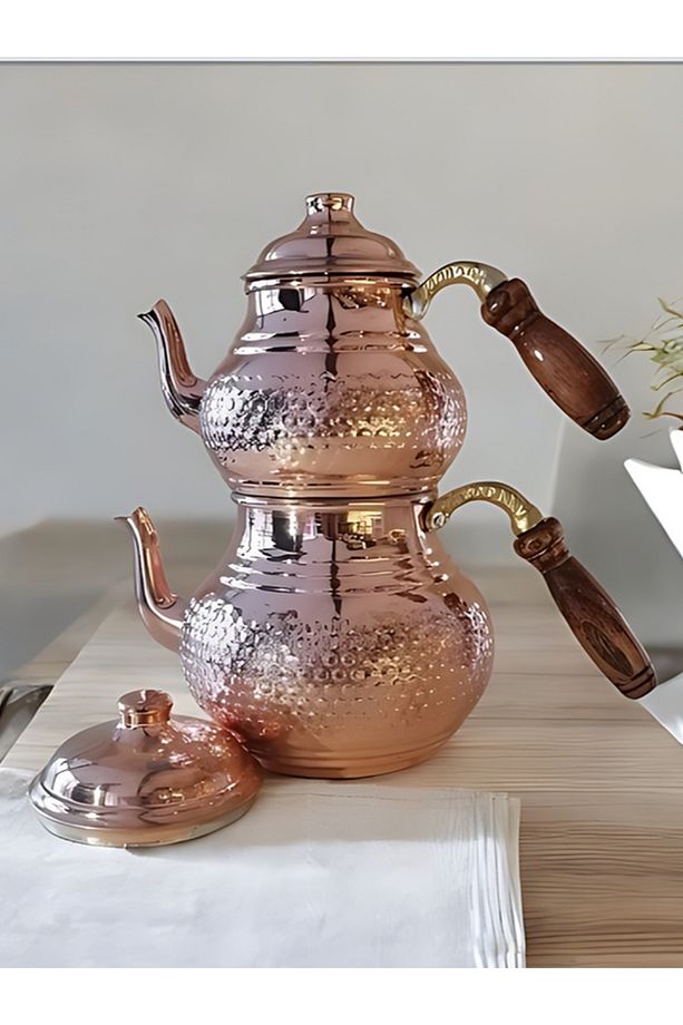 Bakır Büyük Çaydanlık Bakır Çaydanlık Bakır Petek Desenli Çaydanlık El İşlemeli Demlik - 2
