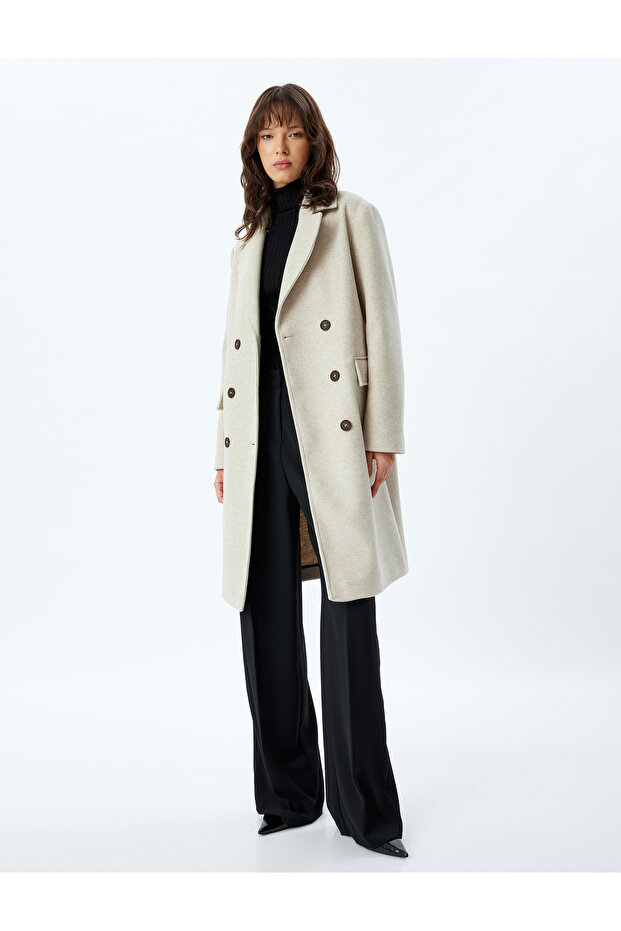Double Breasted Long Stamp Coat with Flap Pockets