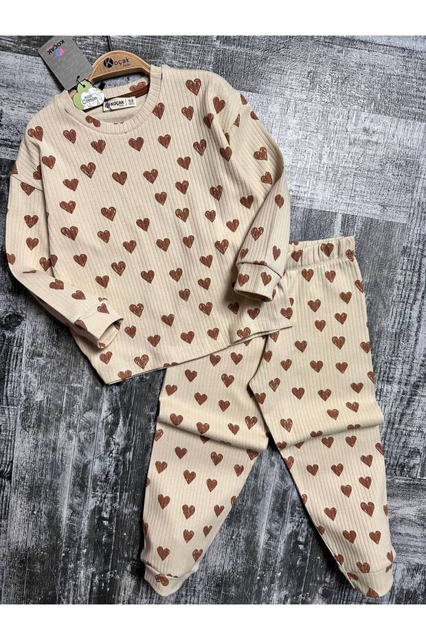 Kız Çocuk Kalp Desenli Fitilli Pijama Takımı - 3