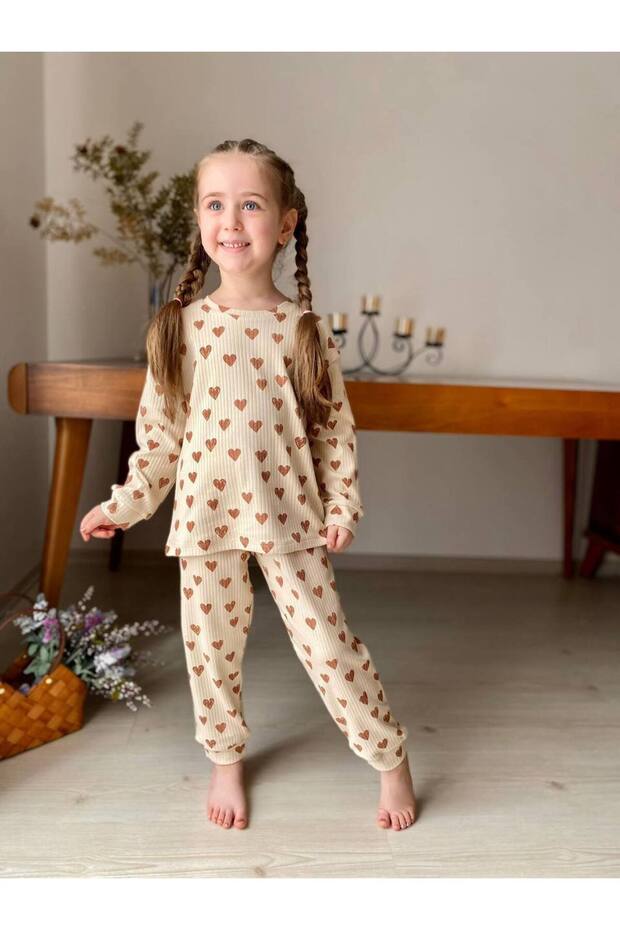 Kız Çocuk Kalp Desenli Fitilli Pijama Takımı - 1