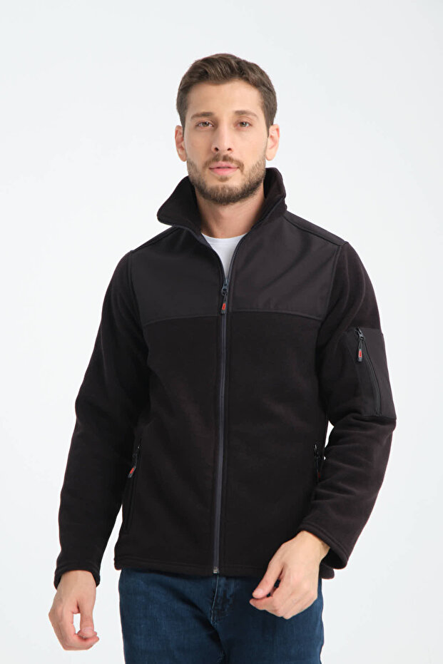 Men's Full Zipper Softshell Garnished Fleece Sweatshirt with 3 Pockets on the Chest, Water and Wind Resistant