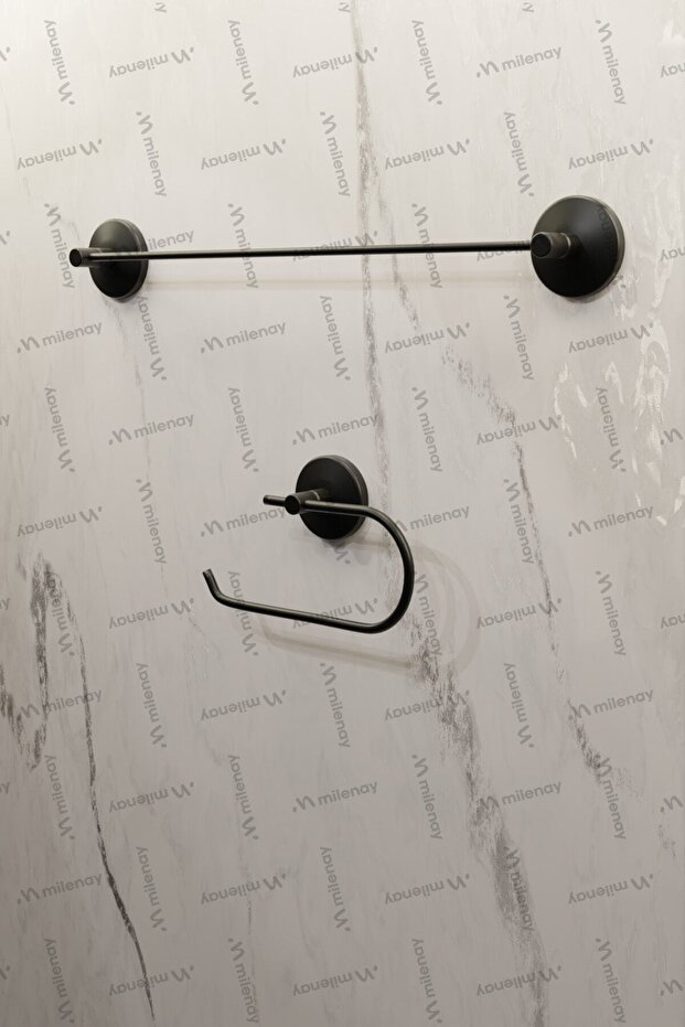 Black Economical 2-Piece Bathroom Set, Assembled Set, Open Paper Holder and Long Towel Holder