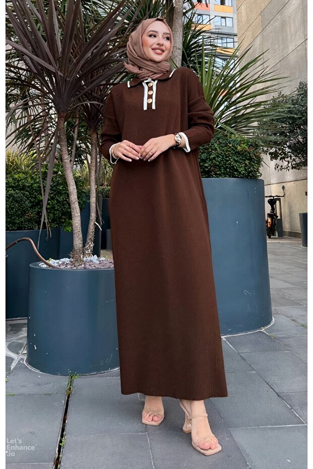 Oversize Buttoned V-Neck Ribbed Knitwear Hijab Dress