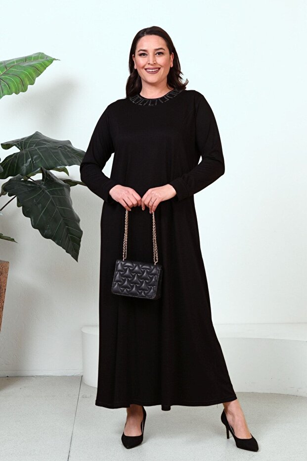 Large Size Hijab Viscose Stone Printed Women's Dress Black