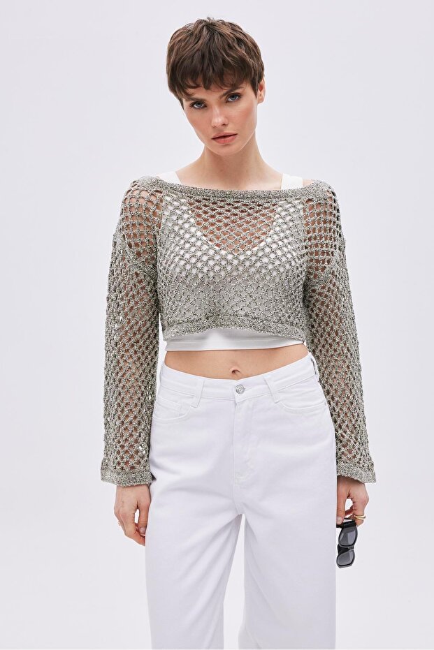 Khaki Boat Neck Perforated Knitwear Blouse