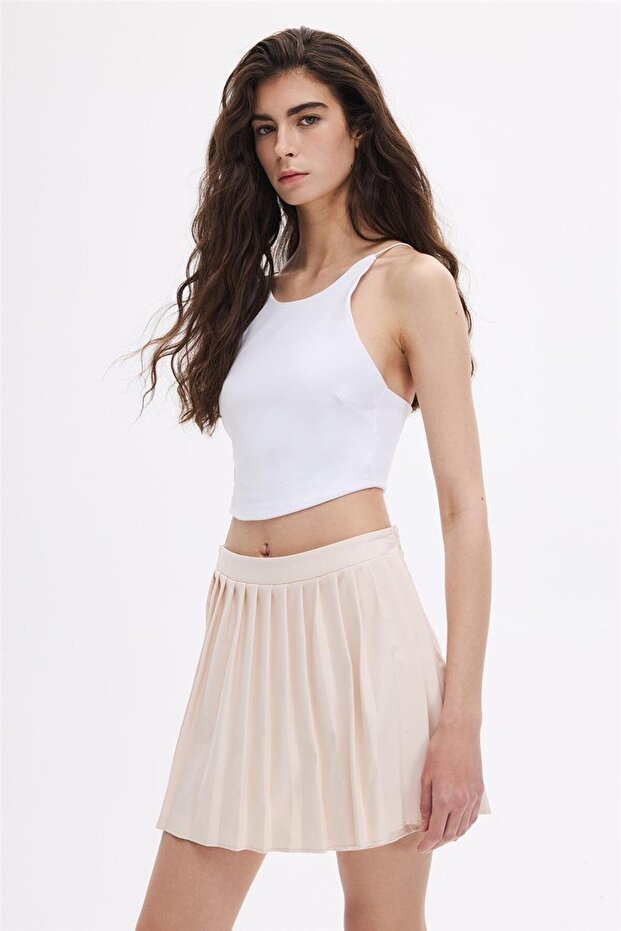 Bej Pileli Şort Etek - 2