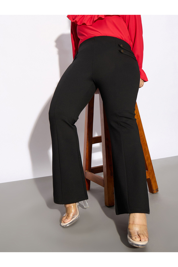Plus Solid Bell Bottom Trouser with Button Detail - 2