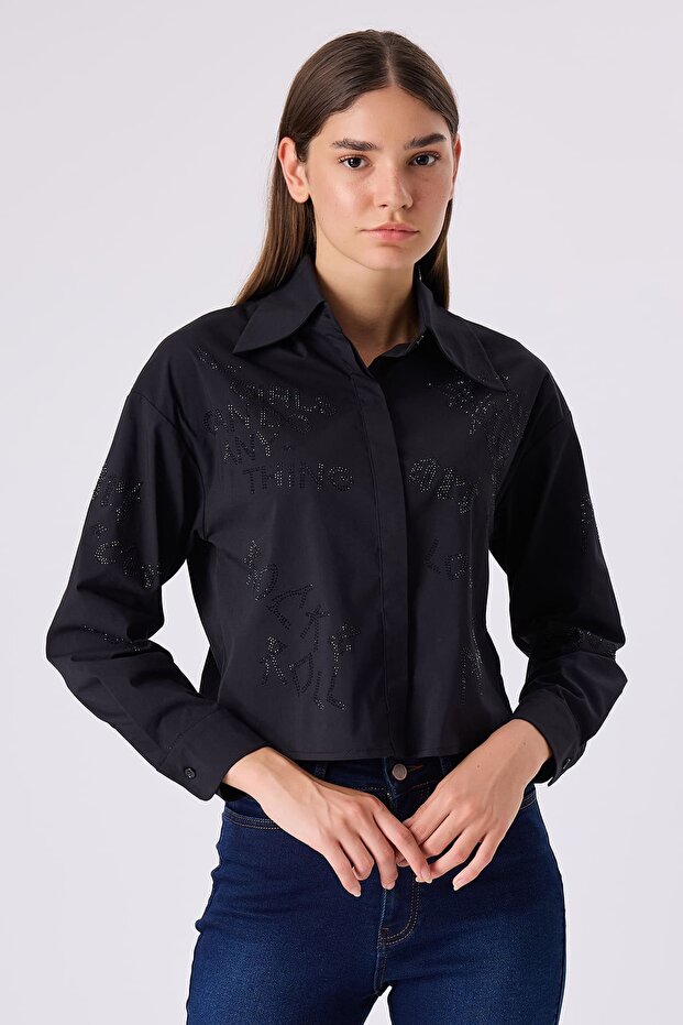 Parlak Taşlı poplin gömlek - 1