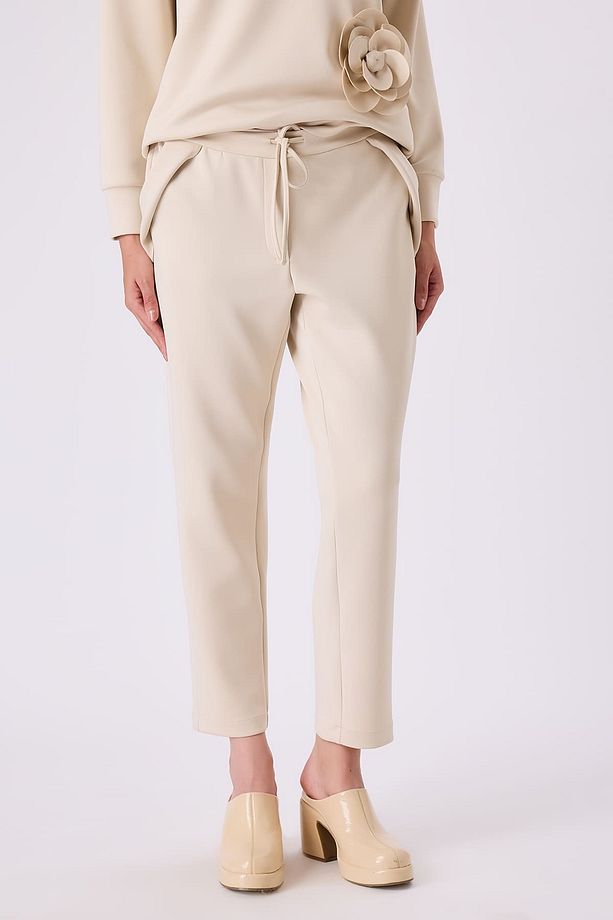 Bağcıklı örme bej pantolon - 4