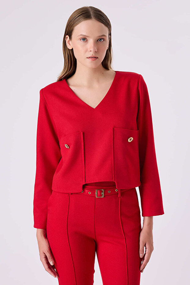 Cep detaylı viskon bluz - 1