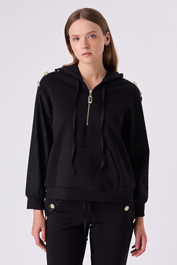 Fermuar detaylı kapşonlu örme bluz - 1