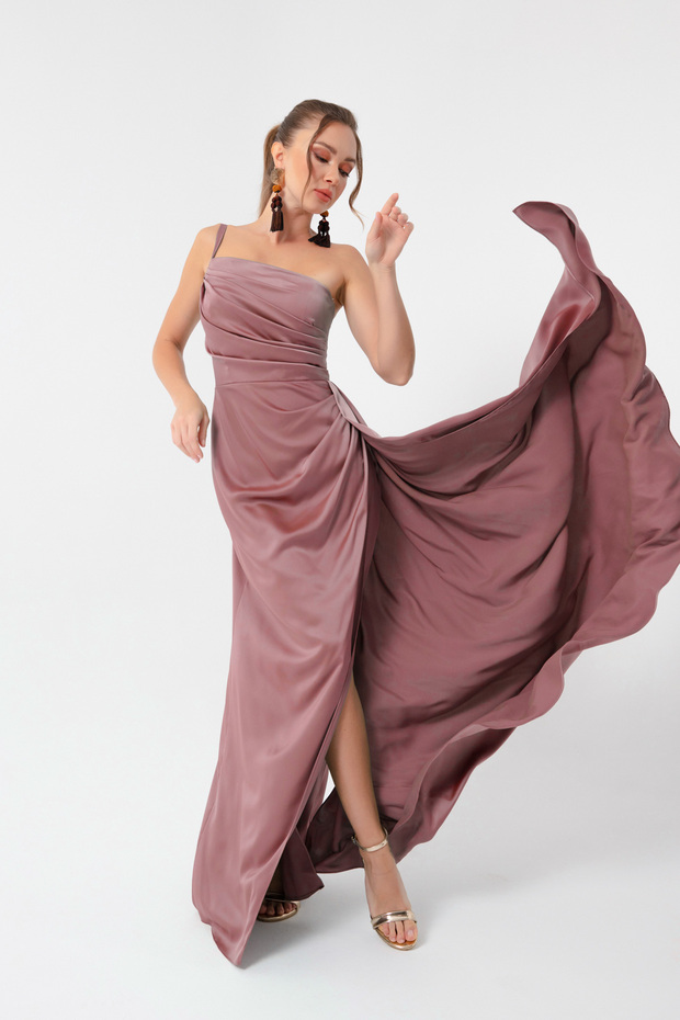 Women's Salmon One Shoulder Satin Evening Dress & Graduation Dress