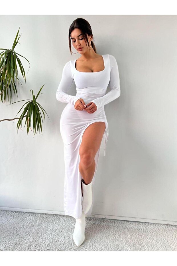 Rochie maxi decoltată cu șnur criptografic alb - 1