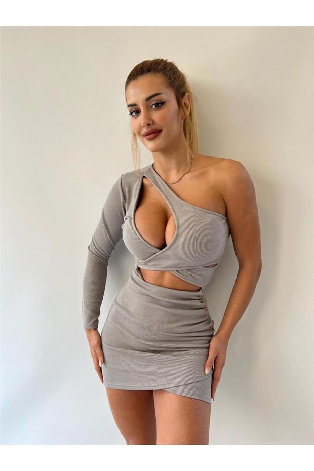 Gri Kaşkorse Kumaş Tek Kol Dekolteli Elbise - 1