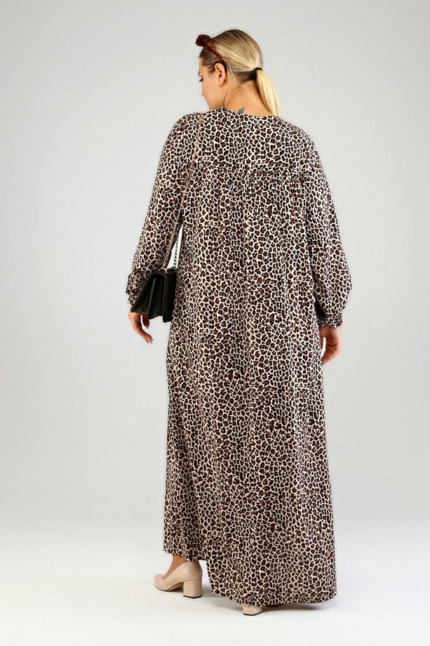 Buyuk Beden Elbise Tesettur Boydan Viskon Plus Size Elbise Taba - 8