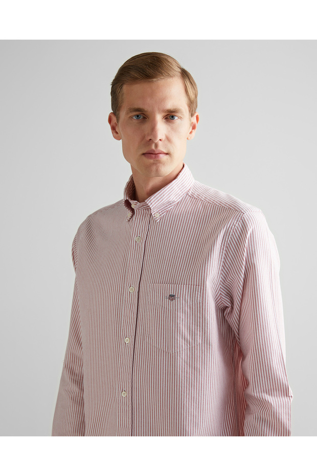Erkek Bordo Regular Fit Düğmeli Yaka Çizgili Oxford Gömlek - 4