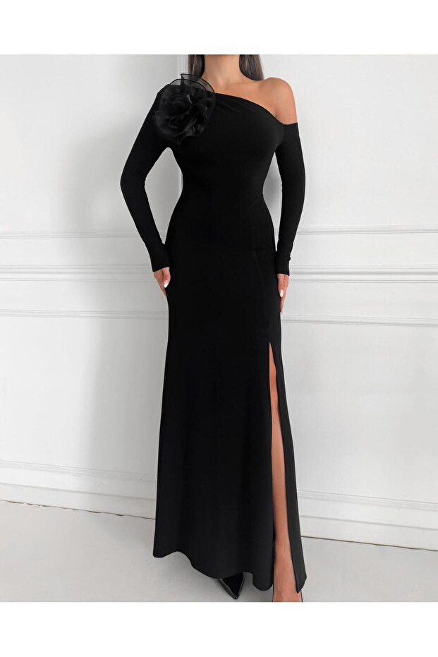 Rochie lungă cu umăr dezactivat cu flori - 1