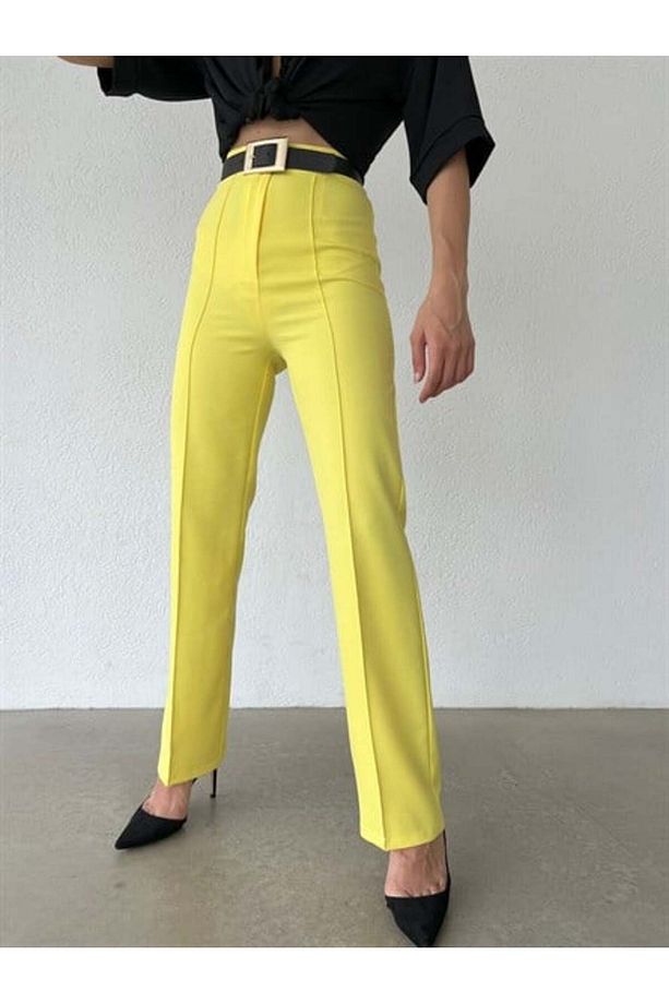 Ön Dikiş Boru Paça Kumaş Pantolon Sarı - 1