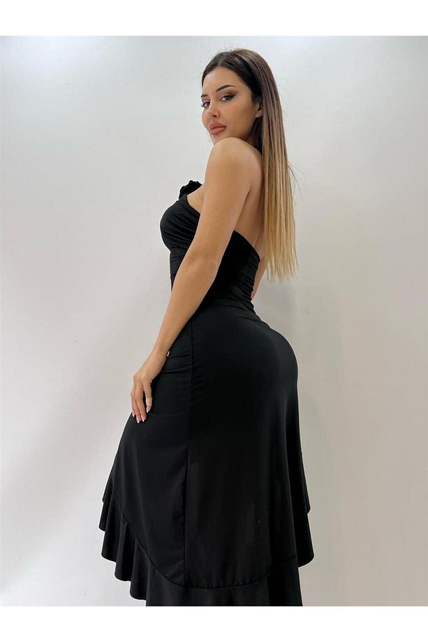 Siyah Backless Halter Ruffles Gül Detaylı Midi Elbise - 3