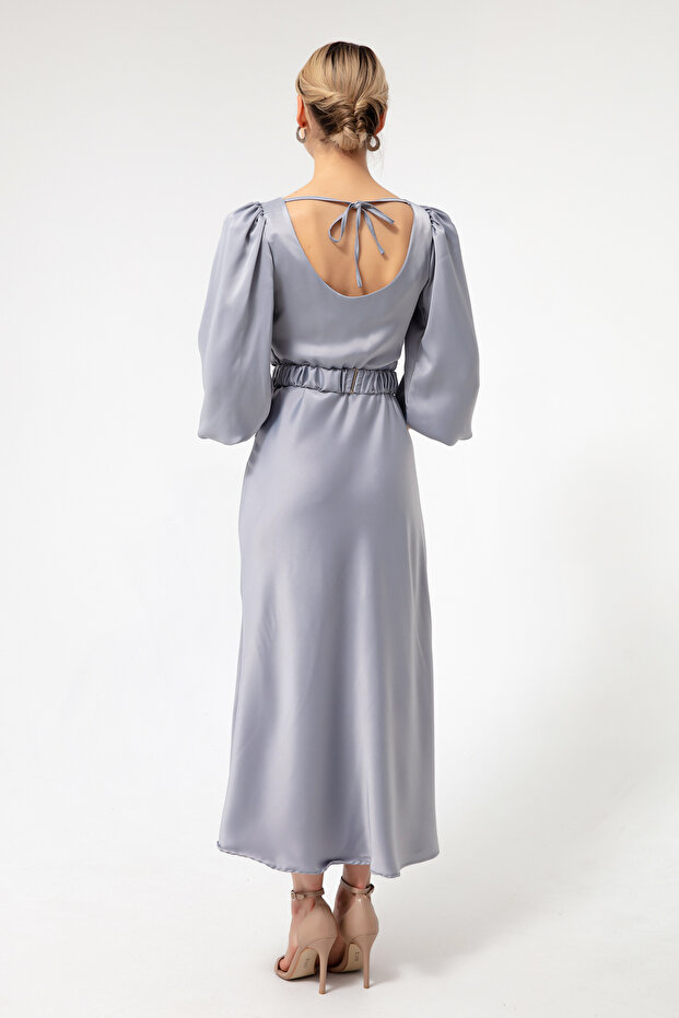 Dámské šedé zásnubní šaty s dlouhým balonovým rukávem - 5