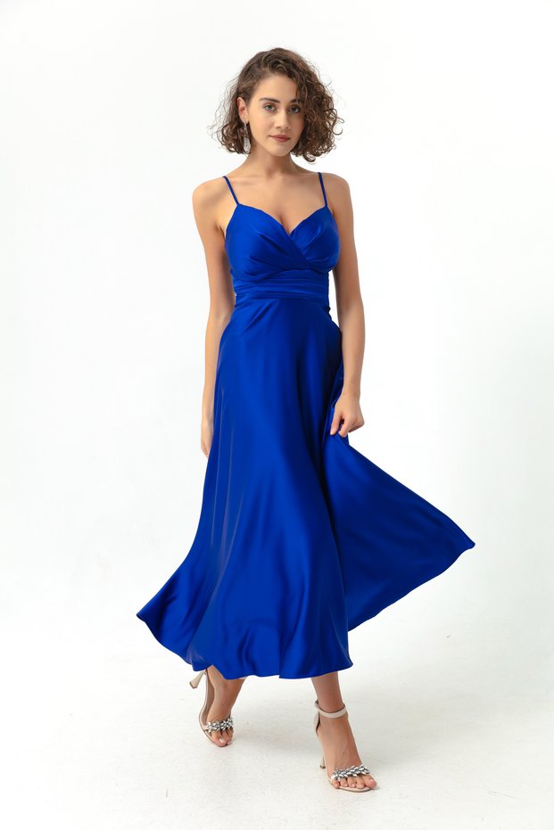 Women's Sax Thread Strap Waist Belt Satin Midi Evening Dress & Graduation Dress