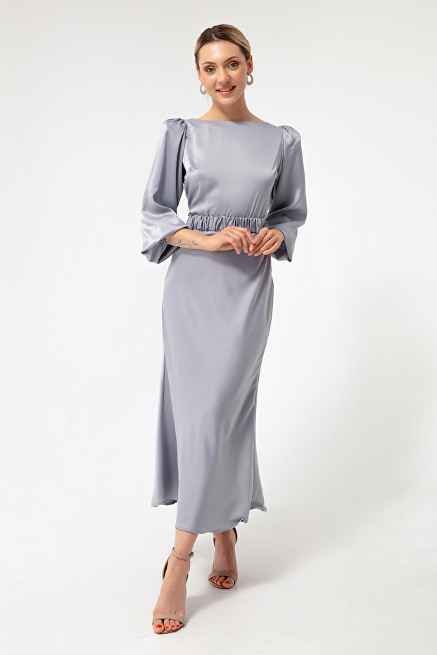 Dámské šedé zásnubní šaty s dlouhým balonovým rukávem - 2