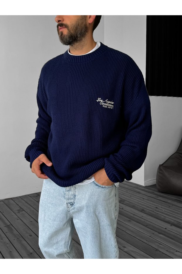 Navy Blue Los Angeles Embroidered Knitted Sweater Pm-142